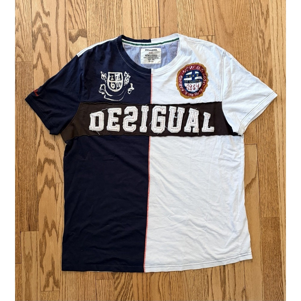 Desigual Men's Graphic T Shirt XXL‎ Colorblock Logo Patch Short Sleeve